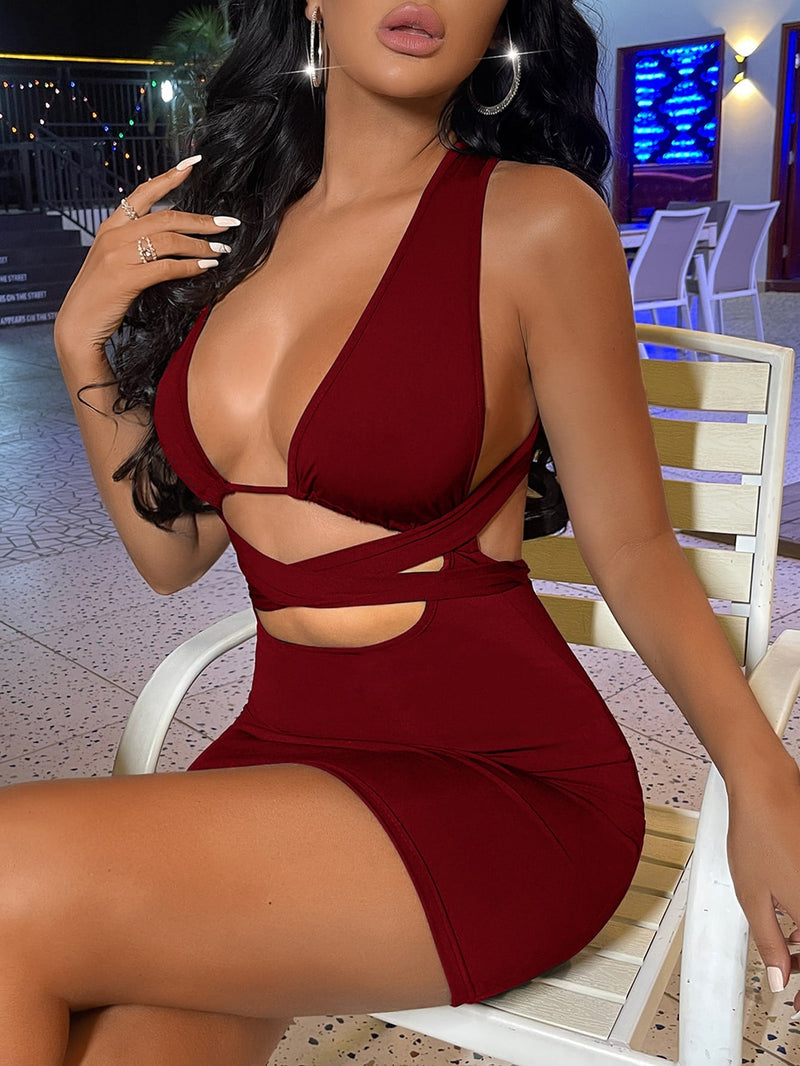 SXY Vestido ajustado con tira cruzada con cordon trasero de cuello profundo