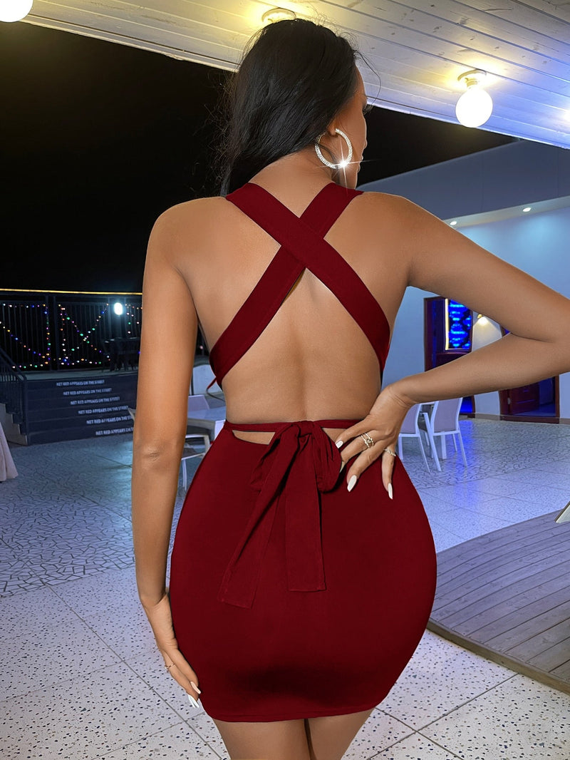 SXY Vestido ajustado con tira cruzada con cordon trasero de cuello profundo