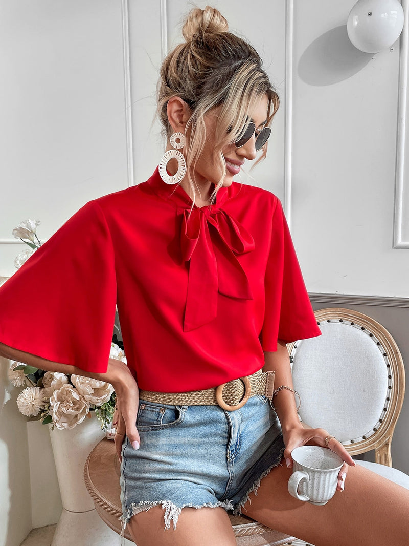 WYWH Blusa de cuello con cordon de manga con volante