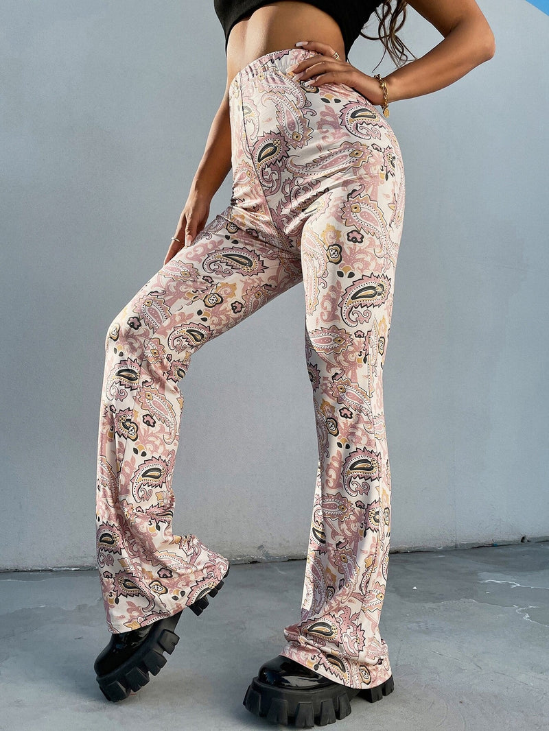 EZwear Pantalones acampanados con estampado de paisley de talle alto