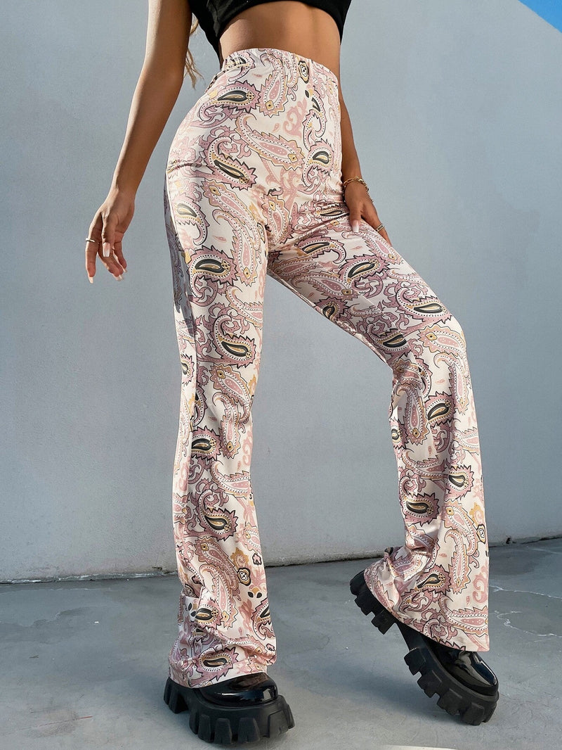 EZwear Pantalones acampanados con estampado de paisley de talle alto