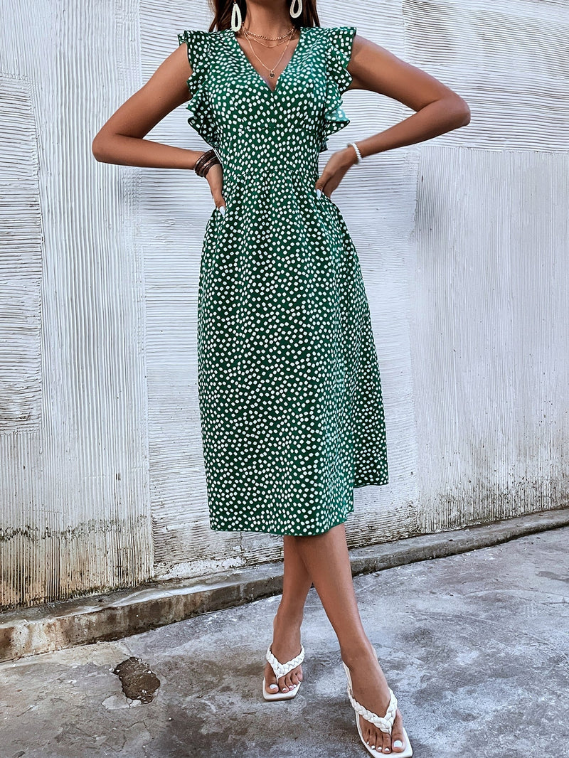 Vestido ribete con fruncido bajo con abertura floral