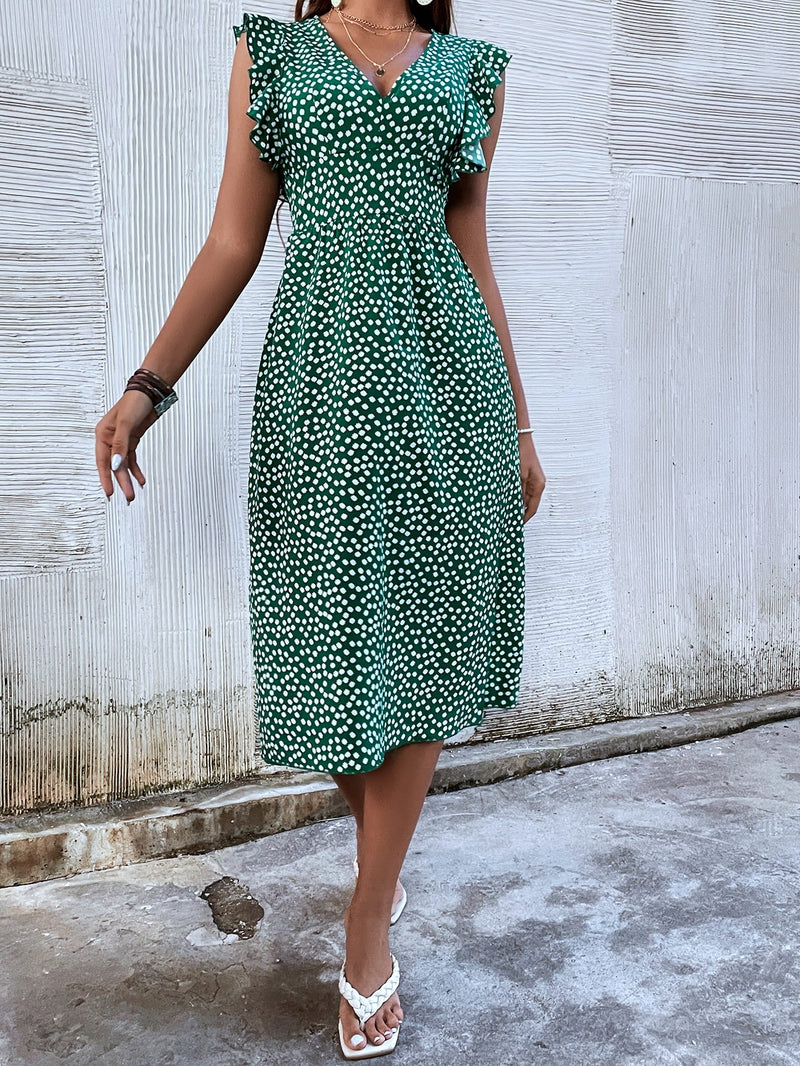 Vestido ribete con fruncido bajo con abertura floral