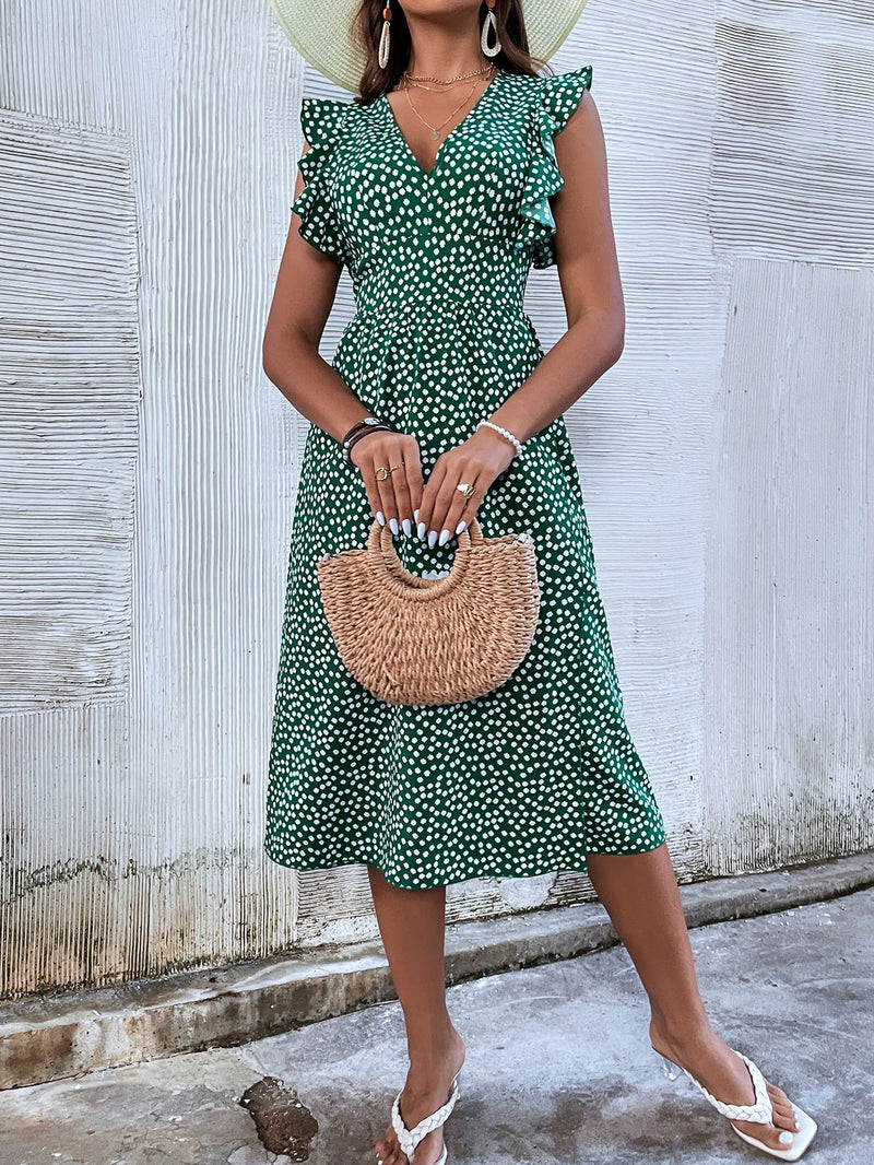 Vestido ribete con fruncido bajo con abertura floral