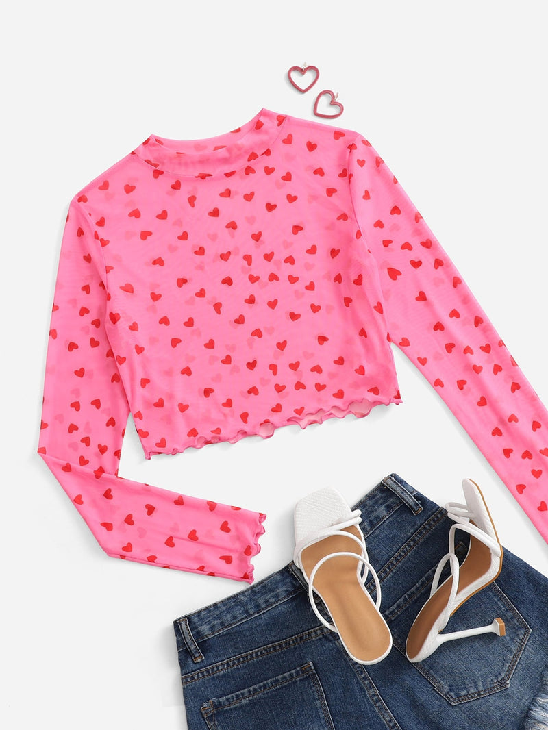 EZwear Top Rosa De Malla Con Estampado De Corazones Y Ribete De Lechuga Con Cuello Simulado