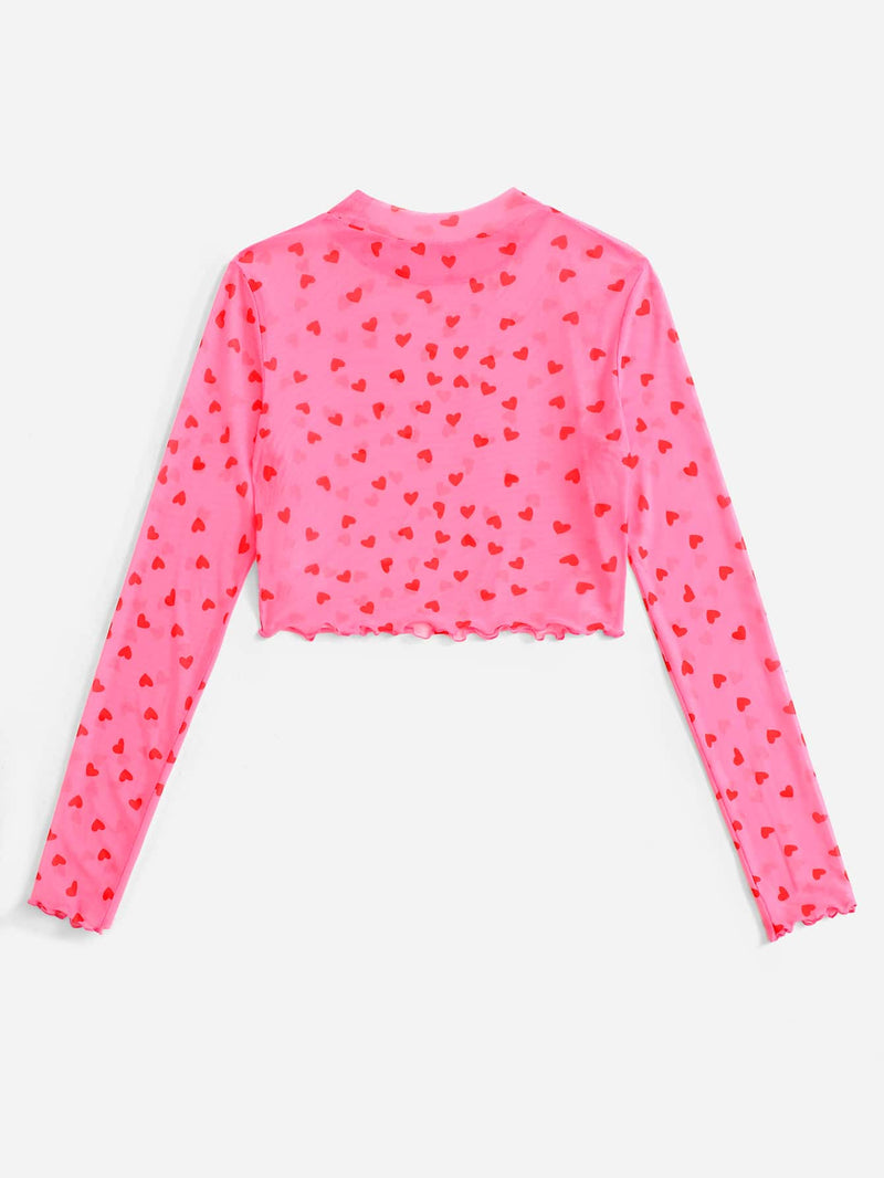 EZwear Top Rosa De Malla Con Estampado De Corazones Y Ribete De Lechuga Con Cuello Simulado