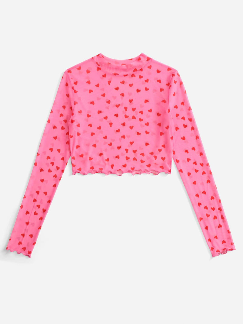 EZwear Top Rosa De Malla Con Estampado De Corazones Y Ribete De Lechuga Con Cuello Simulado