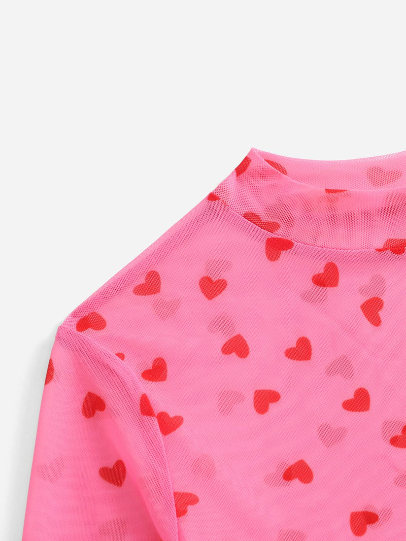 EZwear Top Rosa De Malla Con Estampado De Corazones Y Ribete De Lechuga Con Cuello Simulado