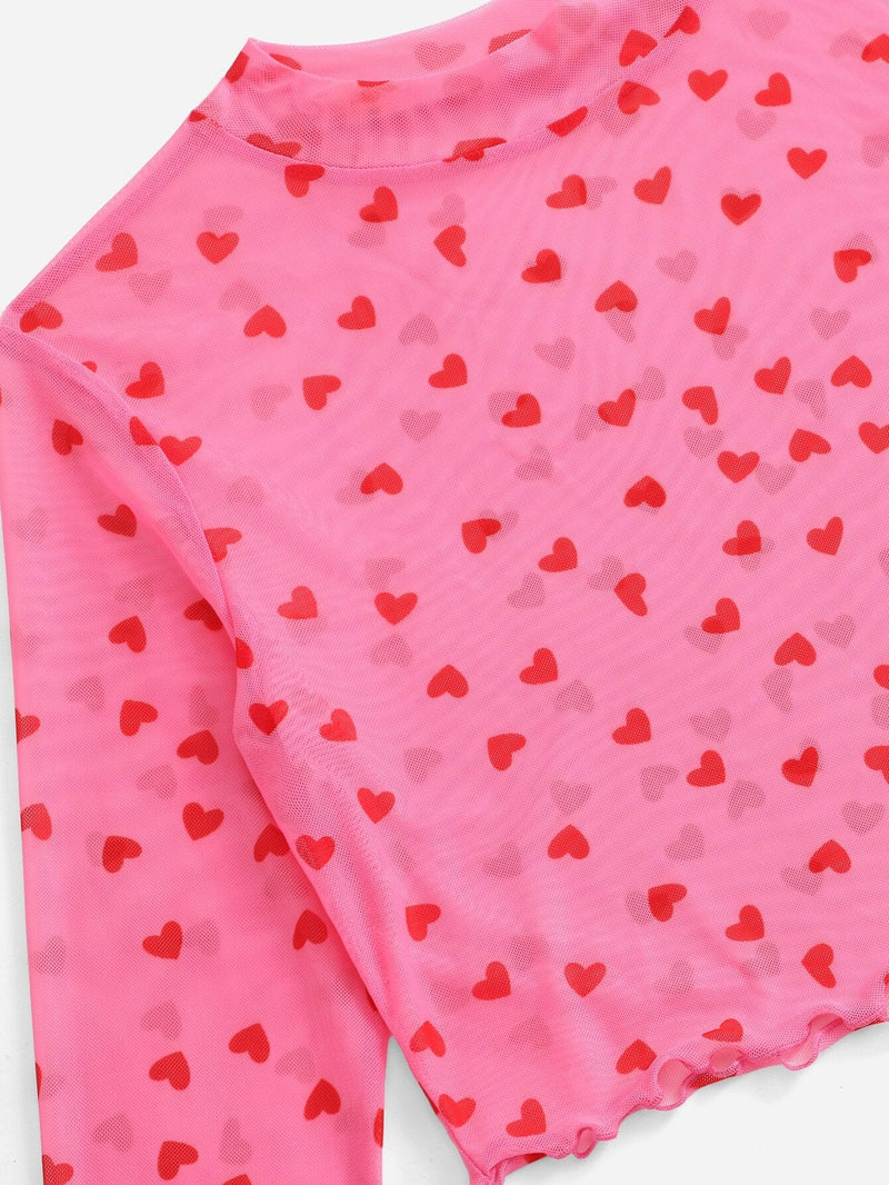 EZwear Top Rosa De Malla Con Estampado De Corazones Y Ribete De Lechuga Con Cuello Simulado