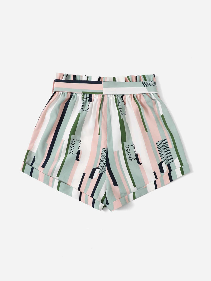 LUNE Shorts con cinturon de rayas de cintura con volante