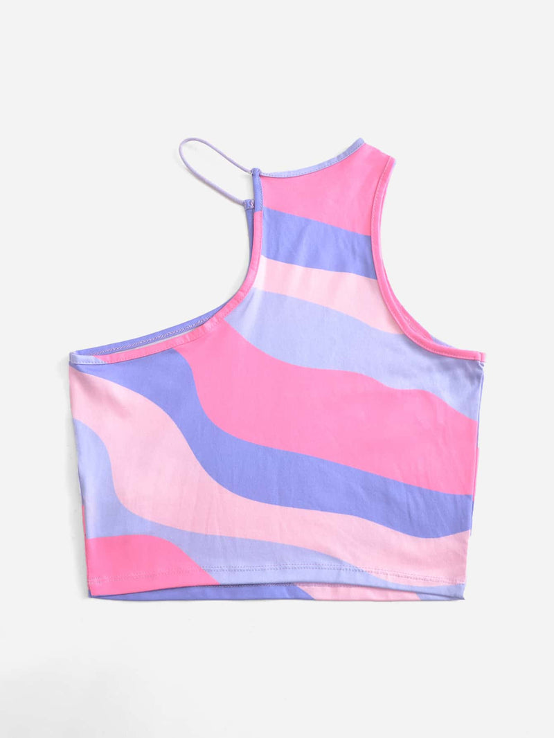 EZwear Crop Top Sexy De Verano Con Cuello Asimetrico Y Estampado Grafico Irregular En Color Dopamina Para Salir