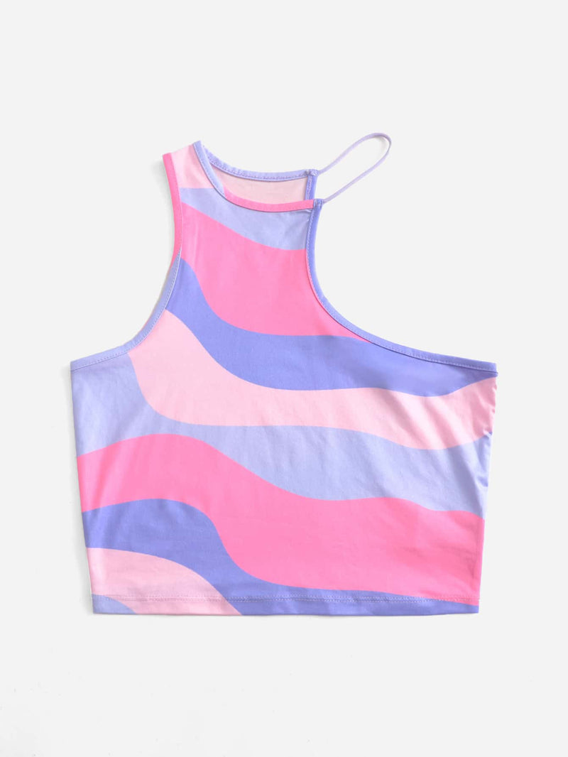 EZwear Crop Top Sexy De Verano Con Cuello Asimetrico Y Estampado Grafico Irregular En Color Dopamina Para Salir