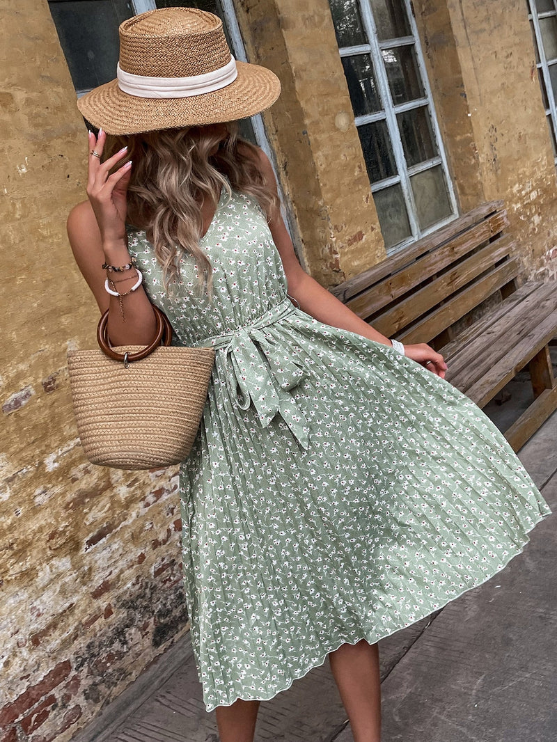 VCAY Vestido con estampado floral con cinturon bajo fruncido