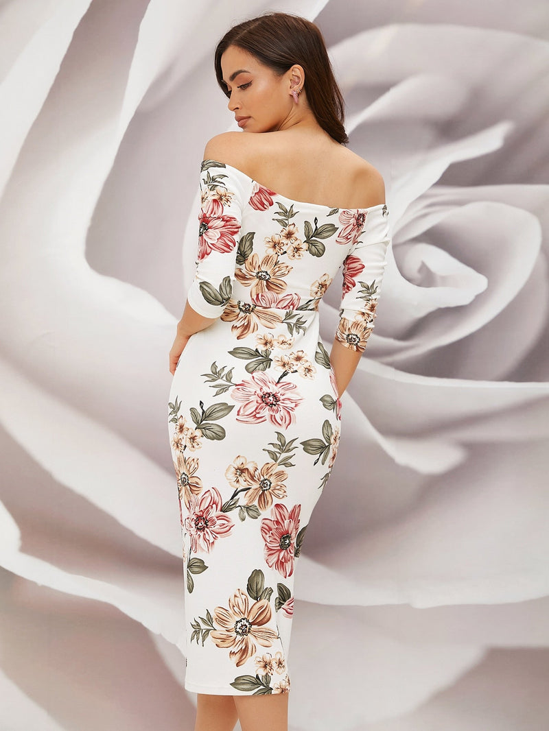 Modely Vestido ajustado con estampado floral de hombros descubiertos