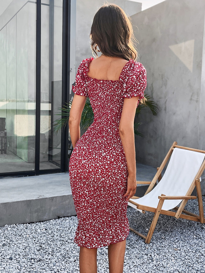 Prive Vestido ajustado con estampado floral de manga farol bajo con fruncido