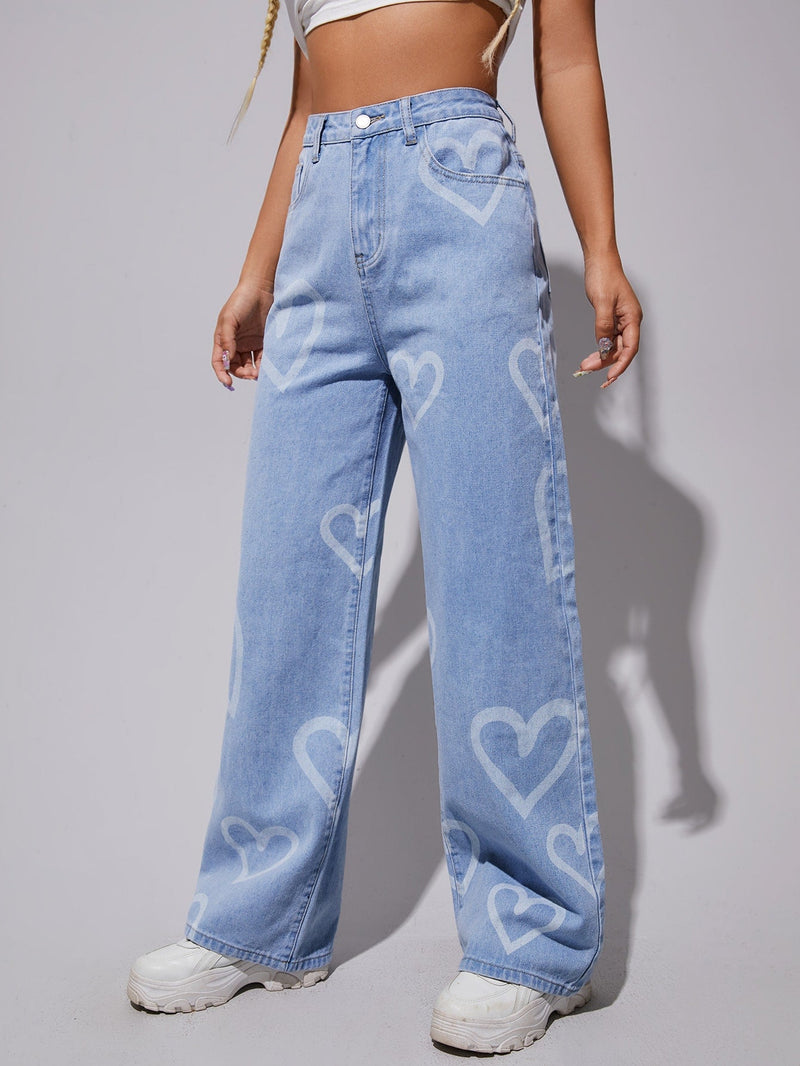 EZwear Jeans de talle alto con estampado de corazon de pierna ancha