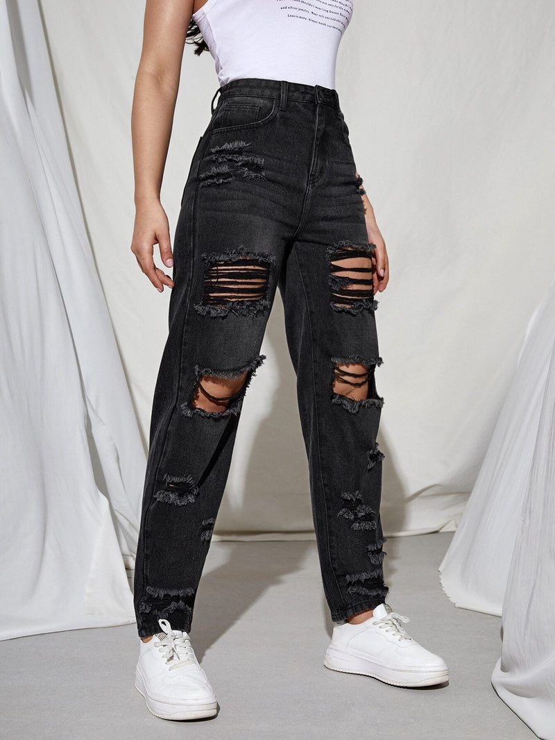 EZwear Jeans ajustados mom desgarro de talle alto con abertura