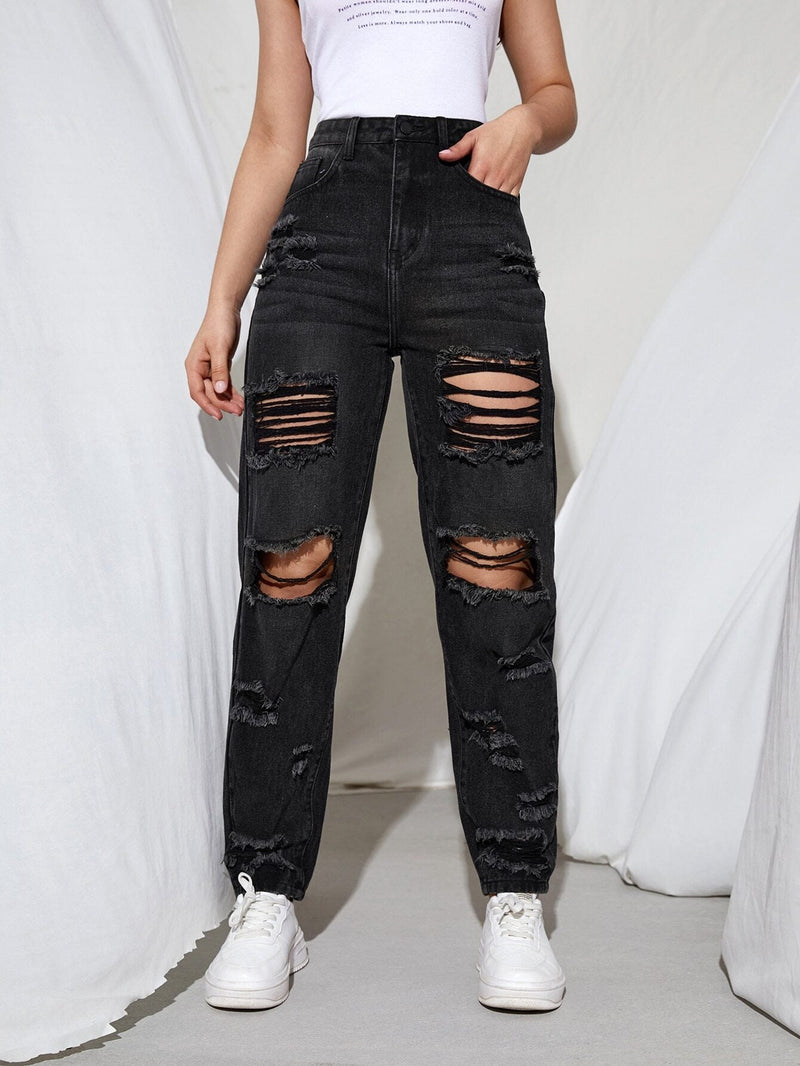 EZwear Jeans ajustados mom desgarro de talle alto con abertura