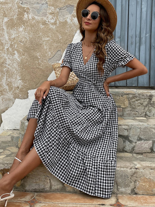 VCAY Vestido con estampado de guingan de manga farol bajo con fruncido