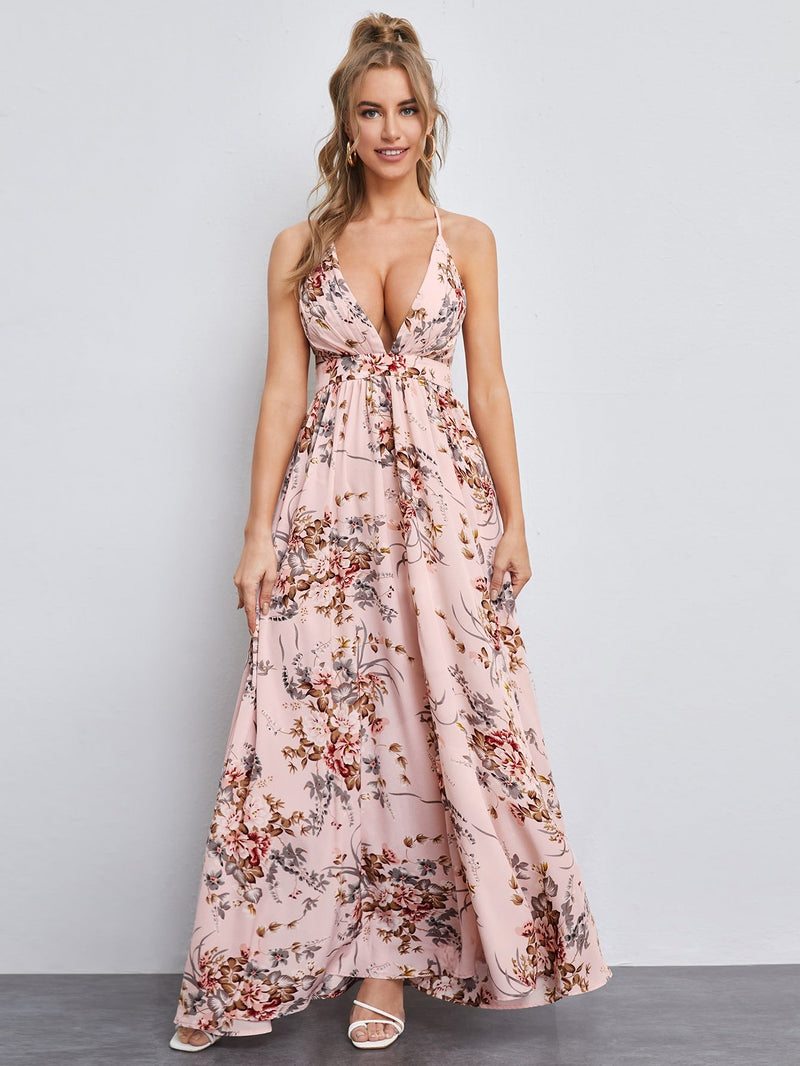 VCAY Vestido maxi floral de espalda abierta con tiras cruzadas