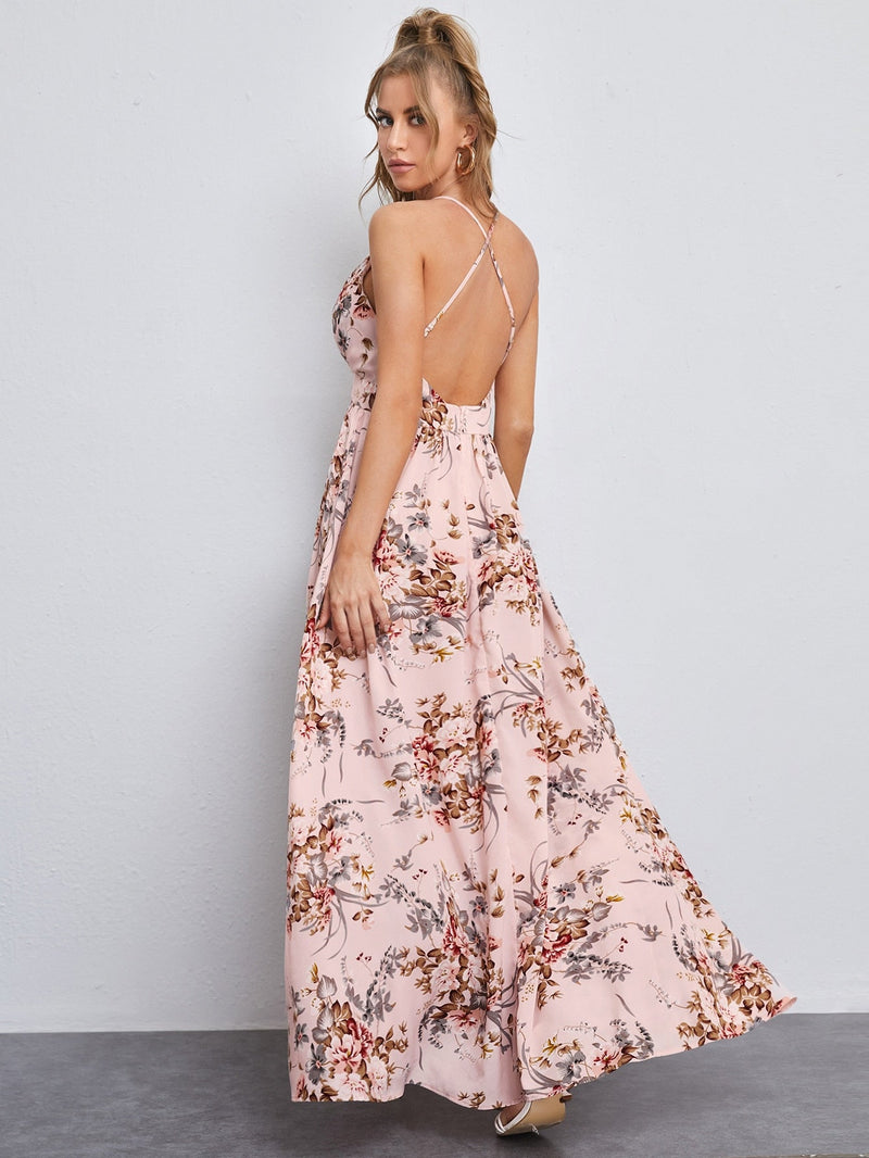 VCAY Vestido maxi floral de espalda abierta con tiras cruzadas