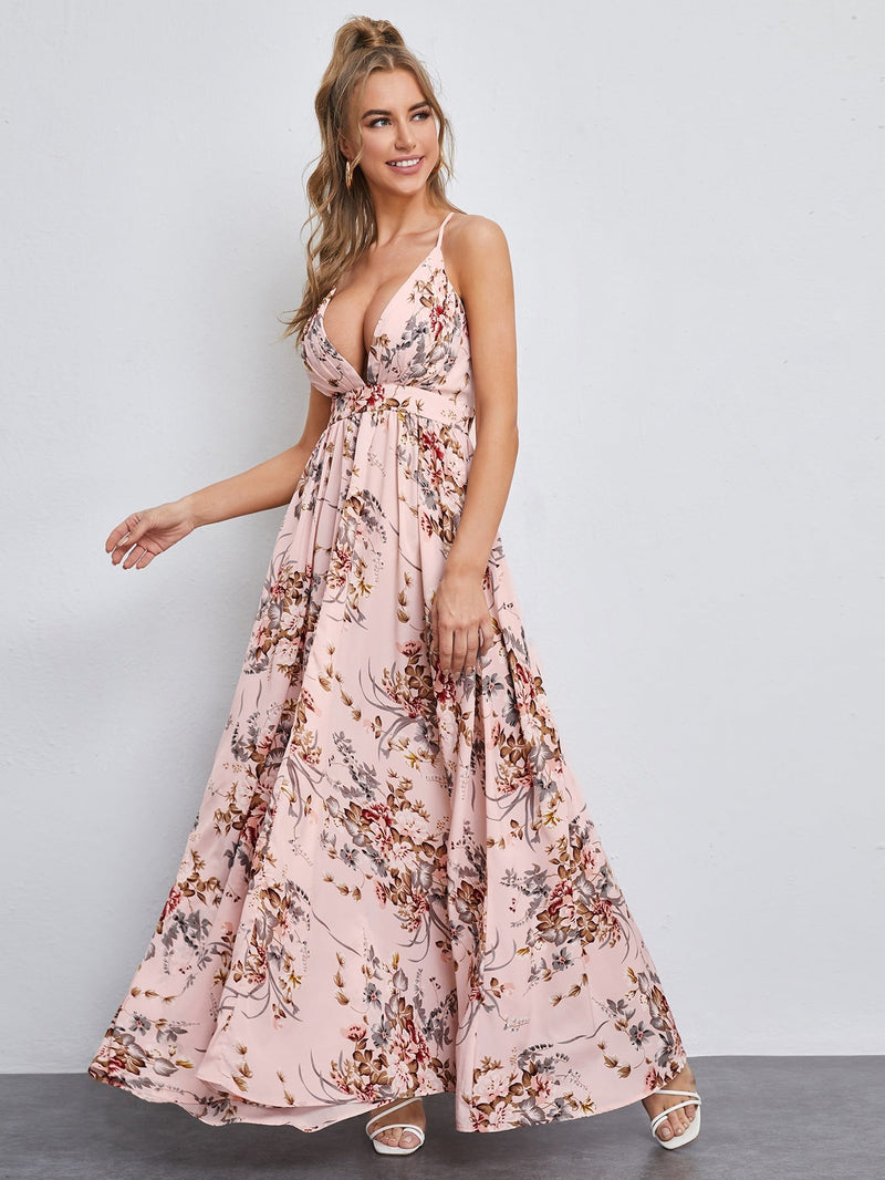 VCAY Vestido maxi floral de espalda abierta con tiras cruzadas