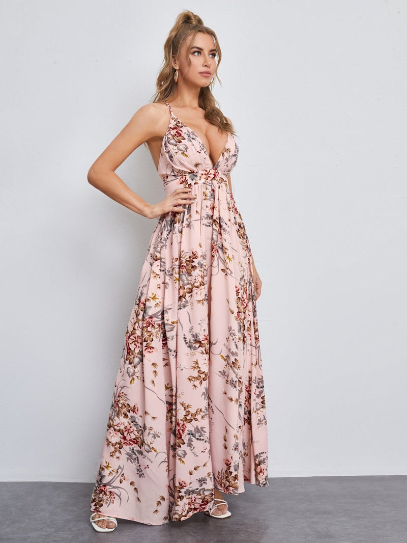 VCAY Vestido maxi floral de espalda abierta con tiras cruzadas