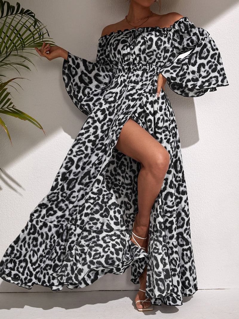 Prive Vestido de leopardo de manga con volante de muslo con abertura de hombros descubiertos