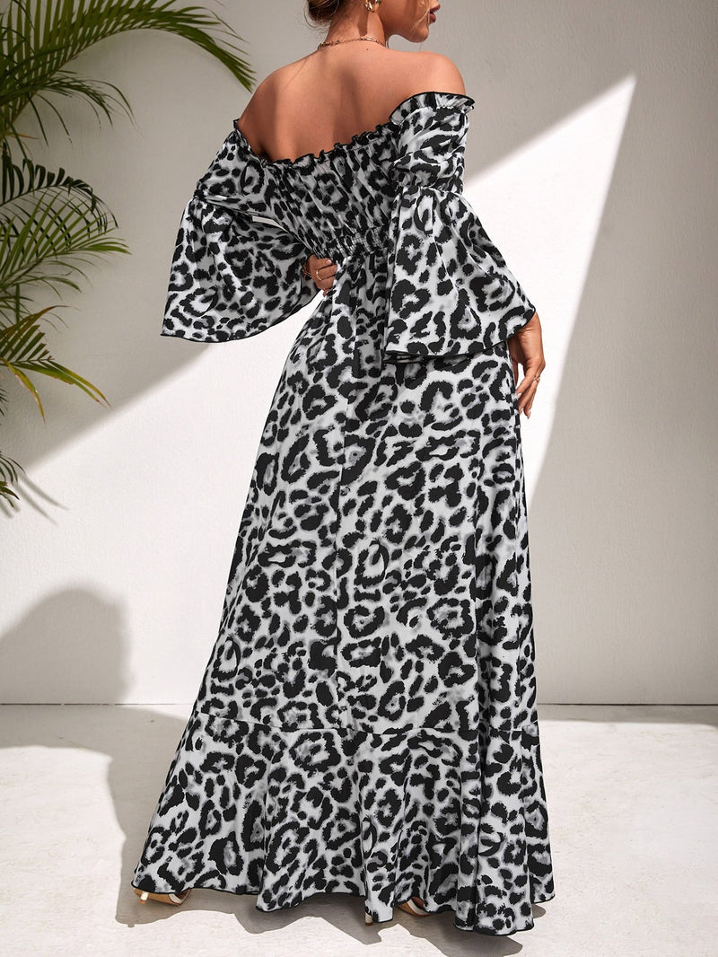 Prive Vestido de leopardo de manga con volante de muslo con abertura de hombros descubiertos