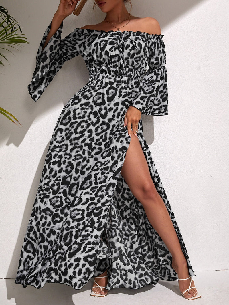 Prive Vestido de leopardo de manga con volante de muslo con abertura de hombros descubiertos