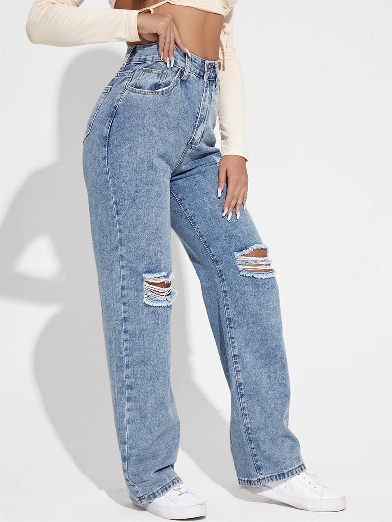 EZwear Jeans de pierna recta de talle alto desgarro crudo