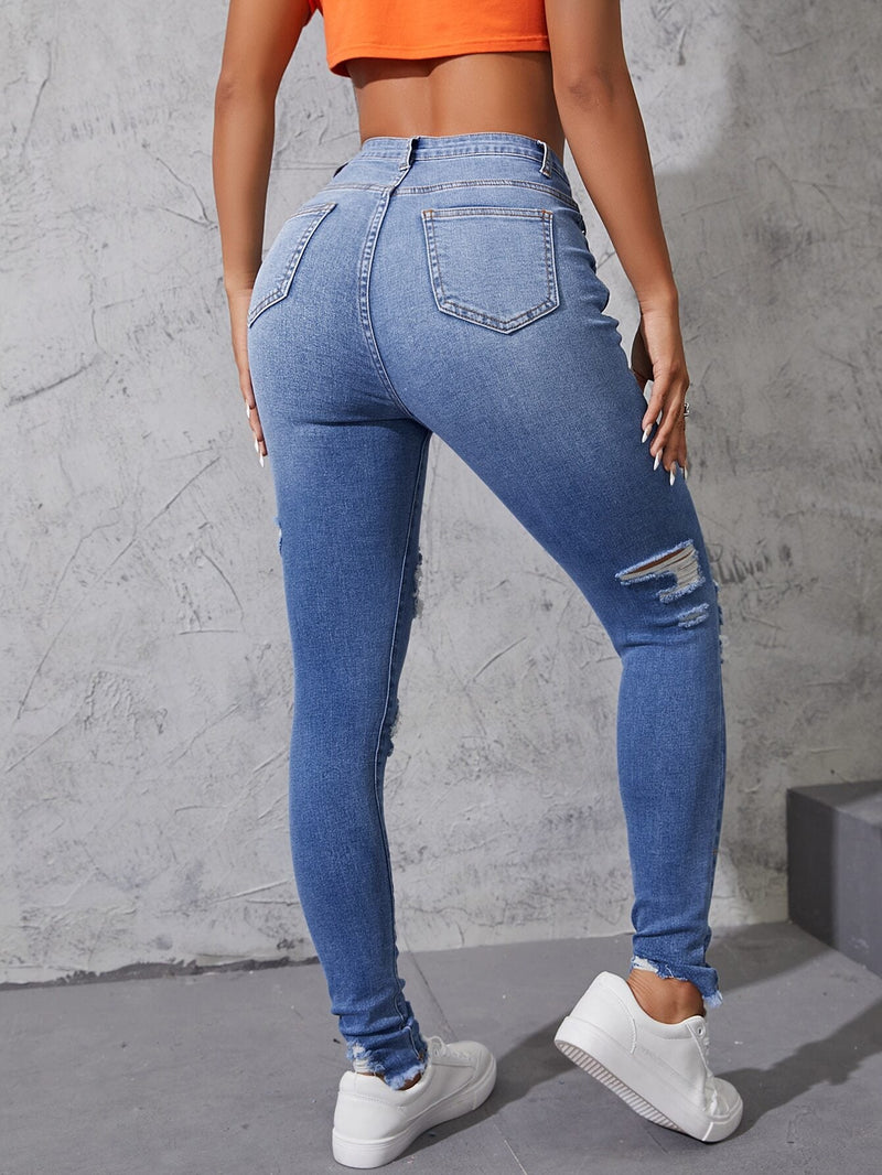 EZwear Jeans ajustados de talle alto desgarro efecto bigote