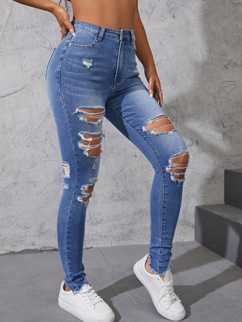 EZwear Jeans ajustados de talle alto desgarro efecto bigote