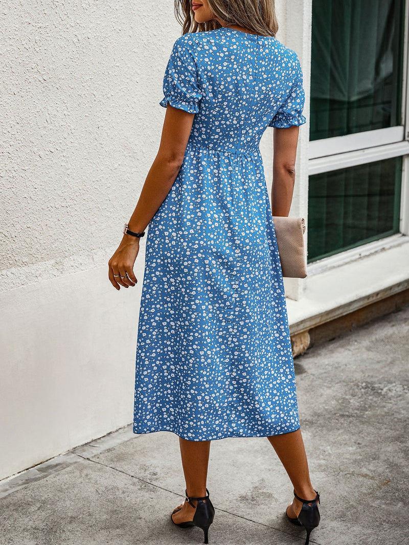 VCAY Vestido con estampado floral de manga farol bajo con fruncido