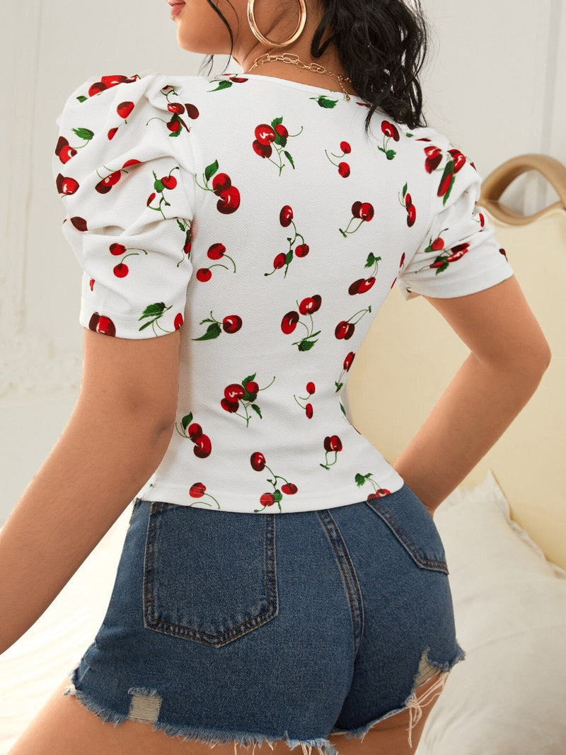 Blusa con estampado de cereza de manga farol