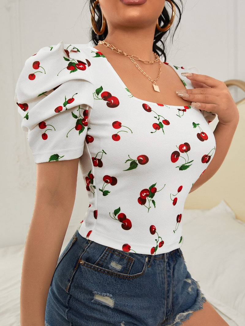 Blusa con estampado de cereza de manga farol