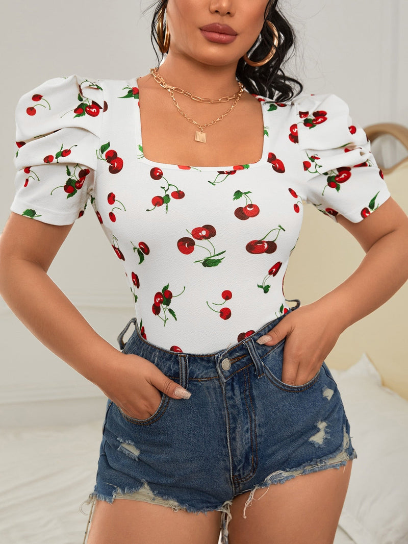 Blusa con estampado de cereza de manga farol