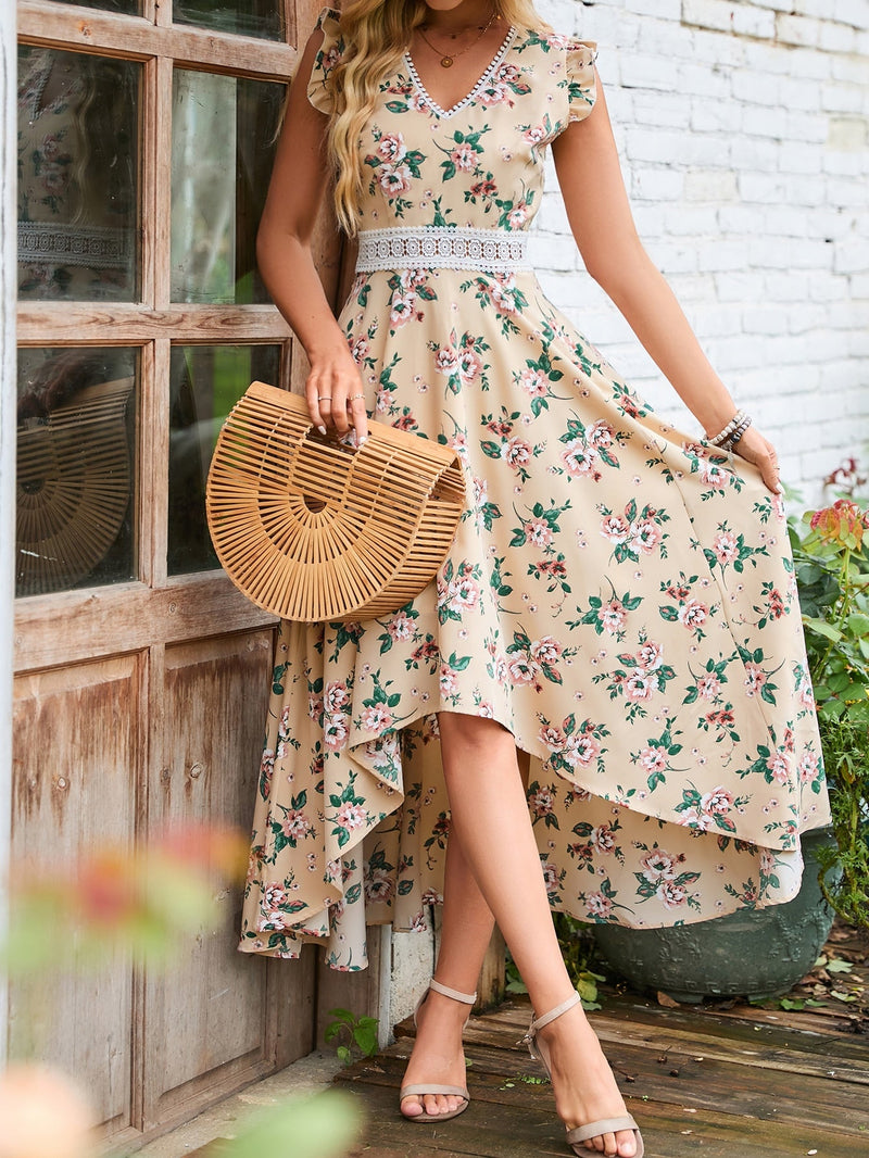 VCAY Vestido con estampado floral con encaje ribete con fruncido bajo irregular