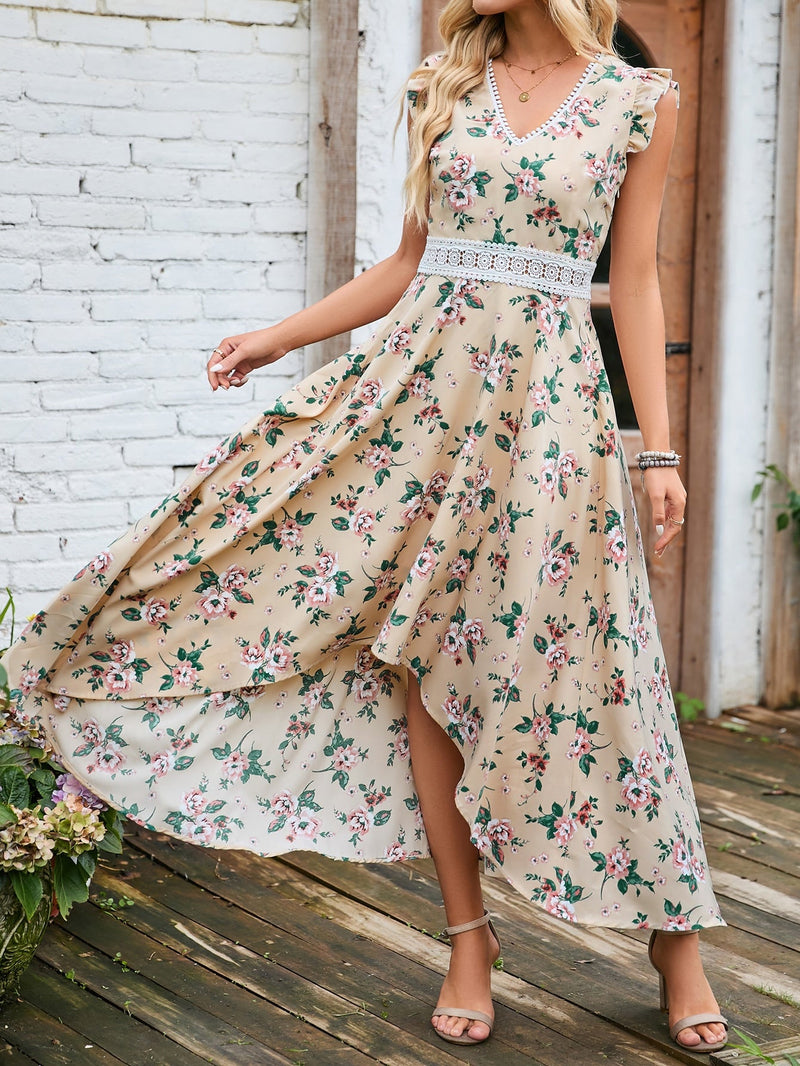 VCAY Vestido con estampado floral con encaje ribete con fruncido bajo irregular