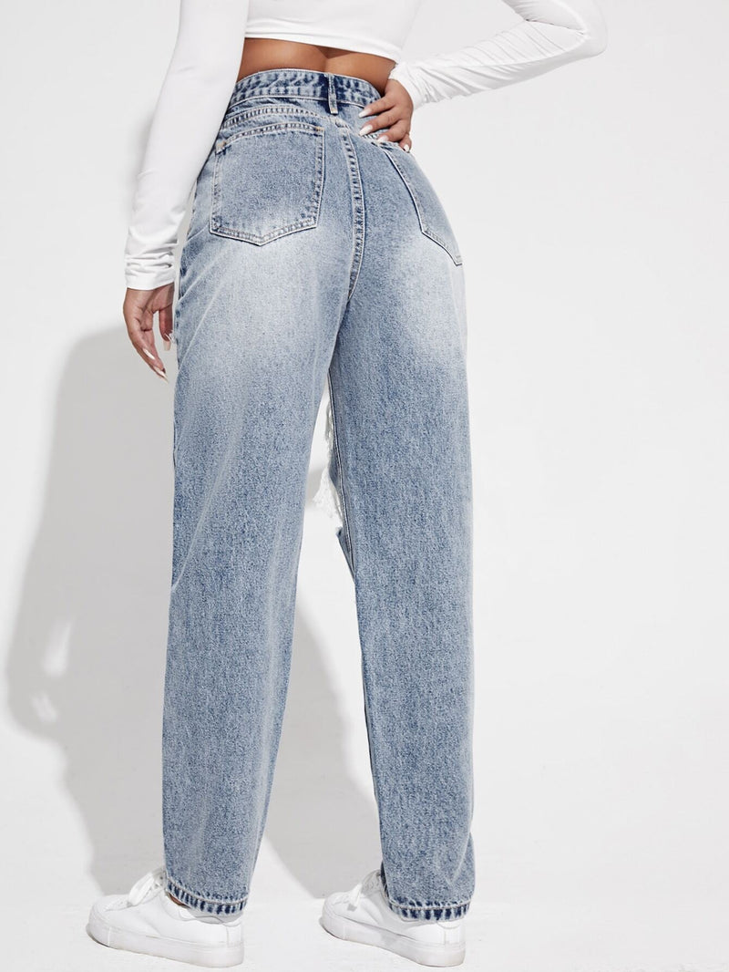 EZwear Jeans de talle alto desgarro con lavado ligero