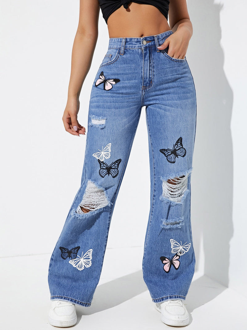 Jeans de pierna recta con estampado de mariposa desgarro