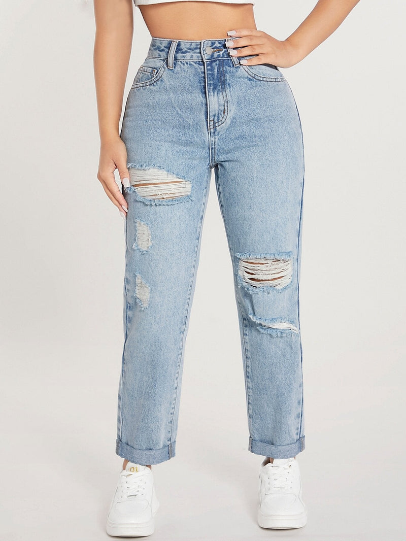 PETITE Jeans de ajuste mom de talle alto desgarro bajo de doblez