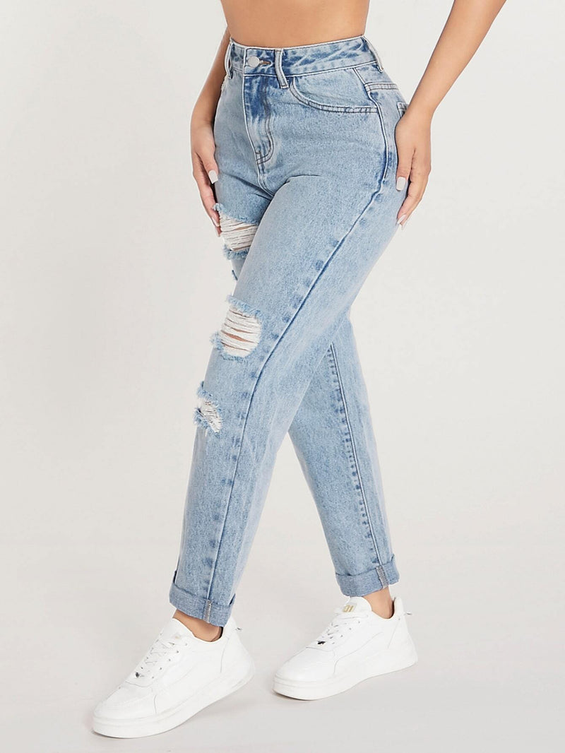 PETITE Jeans de ajuste mom de talle alto desgarro bajo de doblez