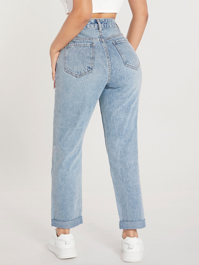 PETITE Jeans de ajuste mom de talle alto desgarro bajo de doblez