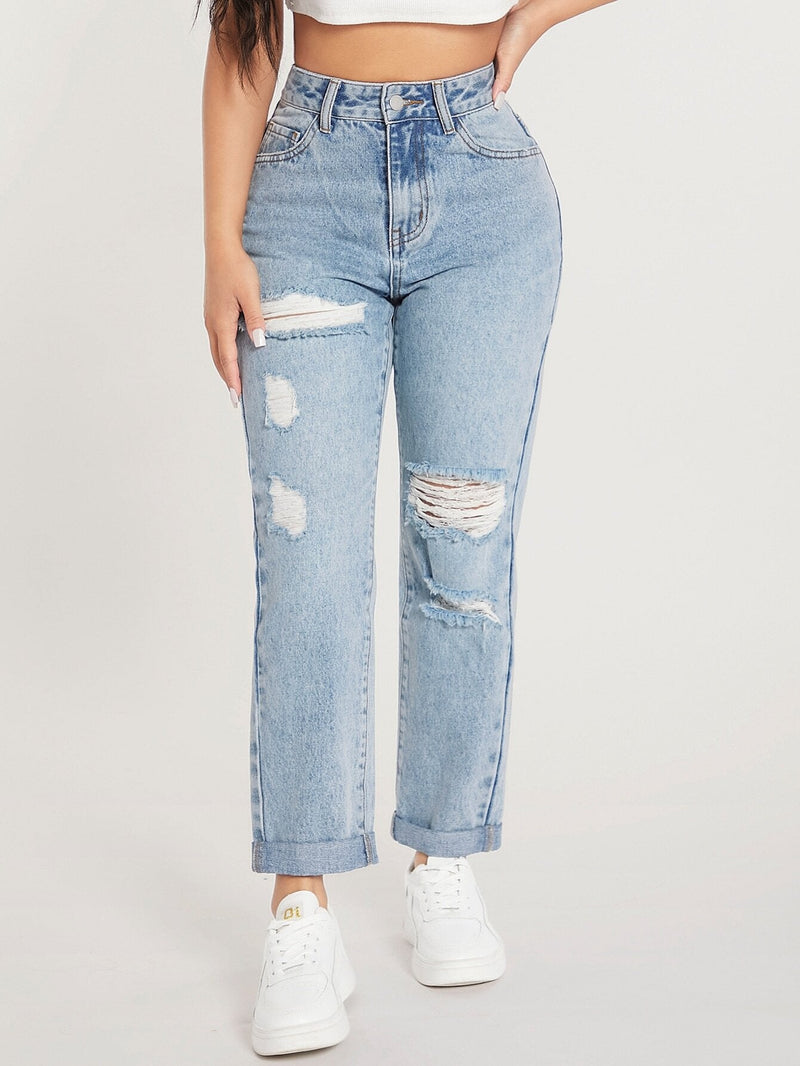 PETITE Jeans de ajuste mom de talle alto desgarro bajo de doblez