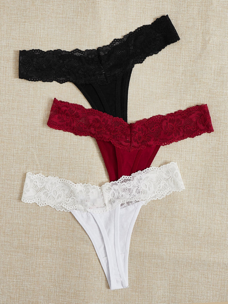 Conjunto De 3 Panties De Encaje Con Contraste De Color Para Lenceria