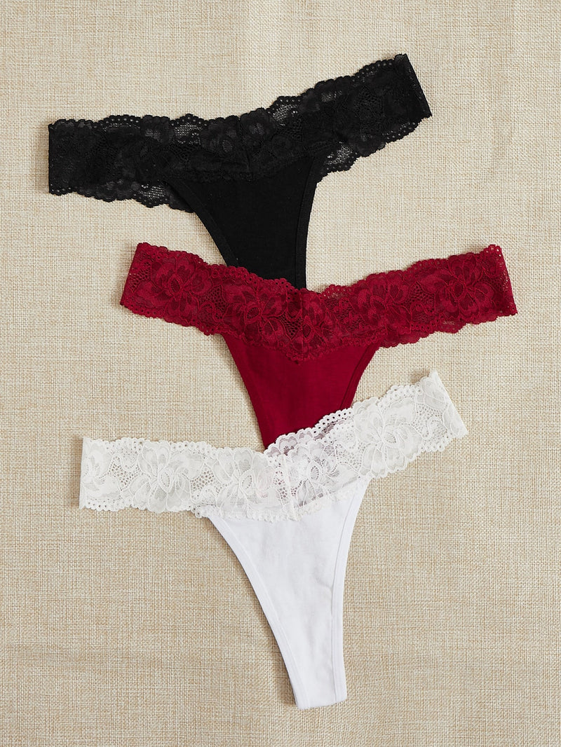 Conjunto De 3 Panties De Encaje Con Contraste De Color Para Lenceria