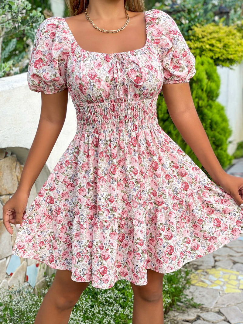 WYWH Vestido con estampado floral con nudo delantero bajo con fruncido