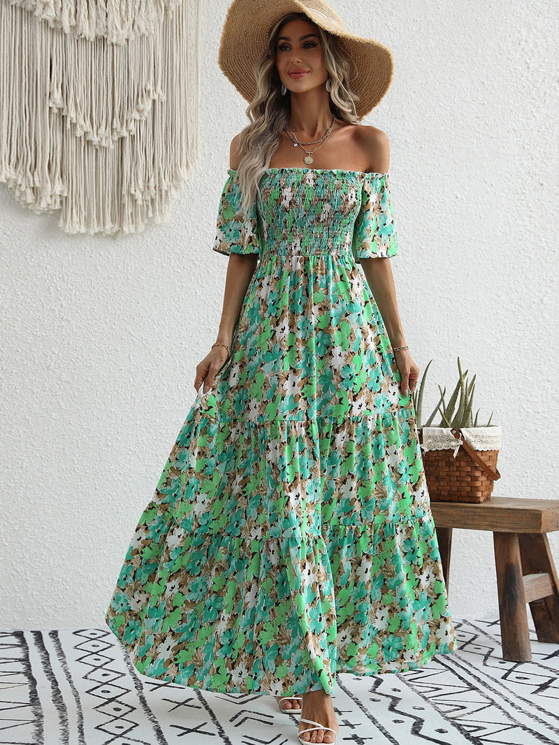 VCAY Vestido con estampado floral con fruncido de hombros descubiertos bajo con fruncido