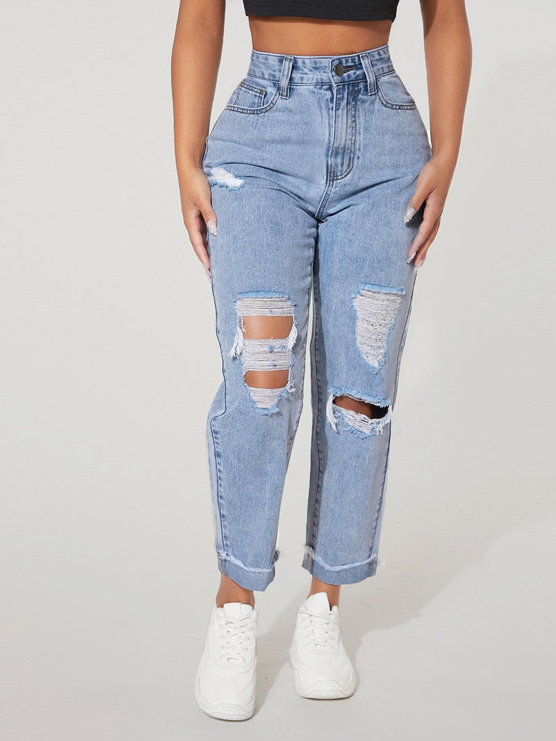 PETITE Jeans de pierna recta de talle alto desgarro bajo de doblez